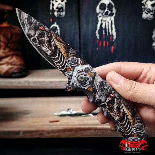 8.5" TACTICAL SKULL PRINT HANDLE SPRING ASSISTED FOLDING POCKET KNIFE Blade Open - Picture 7 of 7