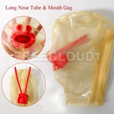 Latex Hood with Teeth Gag Long Nasal Tubes Rubber Mask Fetish BDSM Back Zipper