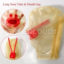 Clear Latex Hood with Tooth Clips and Long Nasal Tube Rubber Mask Fetish BDSM