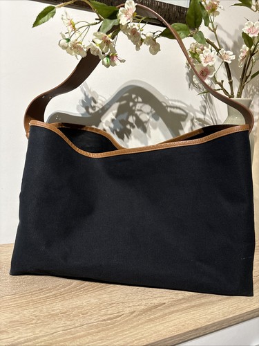 COS Folded Canvas Shopper Bag Leather Trim Black Tan Shoulder Draw String Bag - Picture 8 of 24