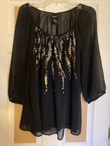 Woman’s Lane Bryant 18/20 Black Sheer Shirt With Sequins - Picture 3 of 11
