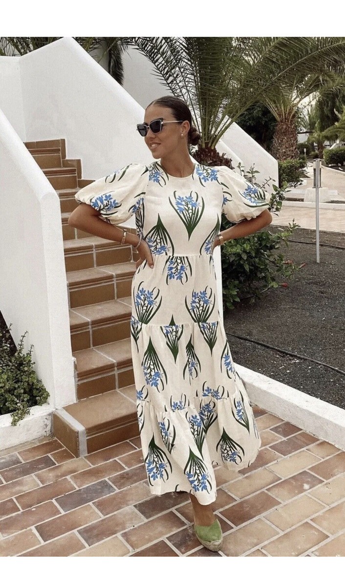 ZARA WOMANS ECRU FLORAL PRINTED LINEN COTTON BLEN MIDI DRESS ZARA WOMANS ECRU FLORAL PRINTED LINEN COTTON BLEN MIDI DRESS