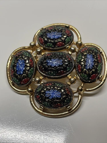 VINTAGE ESTATE JEWELRY SARAH COVENTRY "LIGHT OF THE EAST" ENAMEL MOSAIC BROOCH