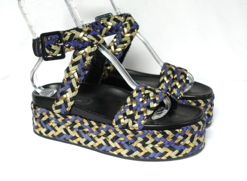 Sonia Rykiel Blue Gold Suede Braided Platform Sandals EU 40 US 9 - Afbeelding 1 van 10