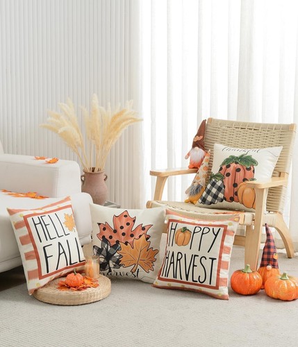 Hello Fall Throw Pillow Covers 18x18 Inch Set of 4, Pumpkin Maple Pillow Covers - Picture 4 of 7