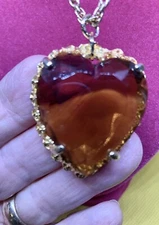 Beautiful Large Glass Heart Ambertone Necklace & 24” Chain For Your Sweetheart.