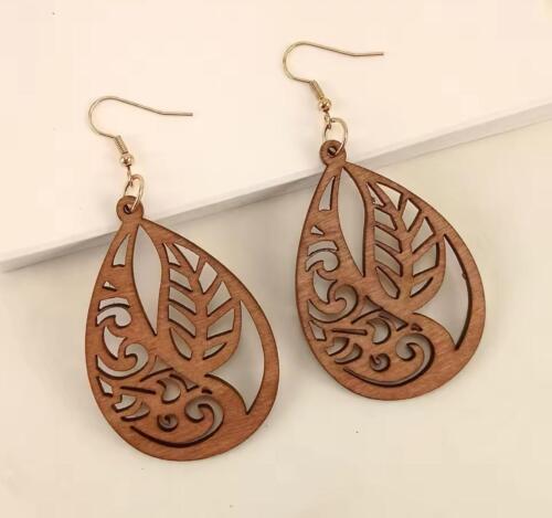 Earrings 925 ECO organic big Wooden Round Hollow Cut Out Boho Retro Dangle Drop - Picture 69 of 89