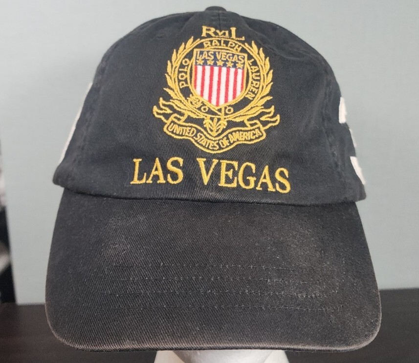 Raro cappello da baseball regolabile polo Ralph Lauren Las Vegas stemma pony nero