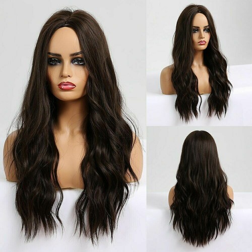 US Long Curly Wavy Straight Hair Dark Brown Blonde Wigs Women Ombre Party Use - Picture 3 of 29