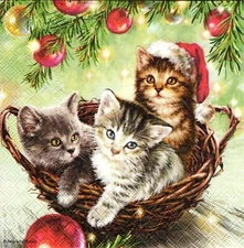 (2) Two Paper Lunch Napkins for Decoupage/Mixed Media - Cats Kittens in Basket