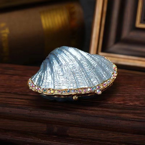 Vintage Pearl Mussel Hinged Trinket Box Wedding Ring Holder Seashell Figurine - Picture 3 of 15