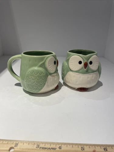 Set of two ceramic green OWL mugs 14 oz made in Japan