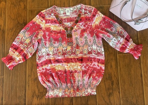 🛍️Marc Bouwer Women’s Red/Pink Print Embellished V Neck Lightweight Boho Top, M - Picture 3 of 9
