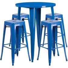 30'' Round Blue Metal Indoor-Outdoor Restaurant Bar Table Set w/4 Barstools