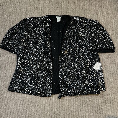 Ulla Popken Womens 24/26 Open Front Sequin Sweater Short Sleeve Holiday Black
