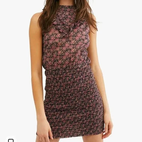 FREE PEOPLE Сливово-черное платье с цветочным принтом Im - Твое любимое платье с оборками S 4/6   