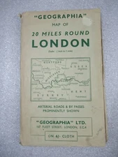 c1950 Geographia Map of 20 Miles Round LONDON - Large Cloth Map - 105cm x 82cm