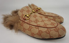 Gucci Women's Beige Princetown Canvas Gg Fur Loafer Slide Mule Slipper Size 37