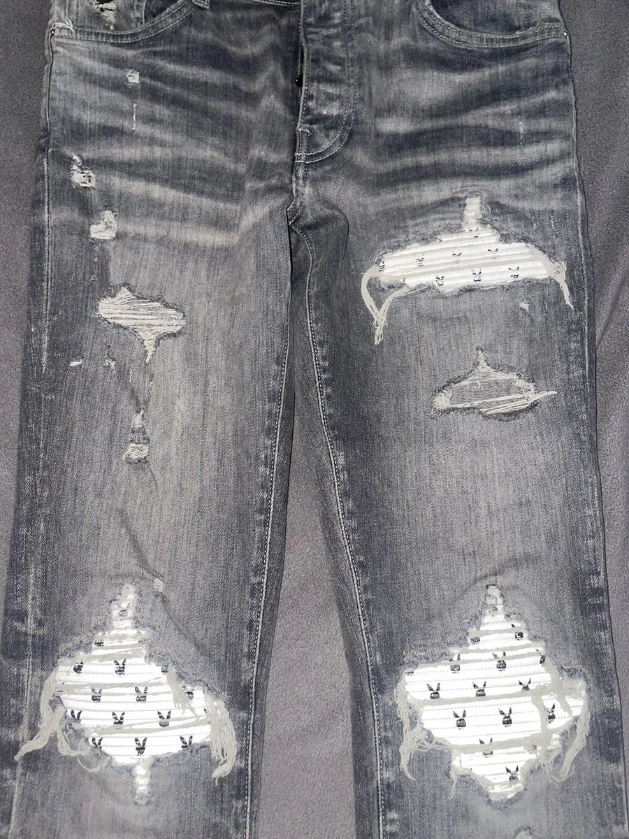 PLAYBOY MIKE AMIRI MX1 100% WHITE LEATHER GRAY DENIM JEANS SIZE 29 W TAGS.