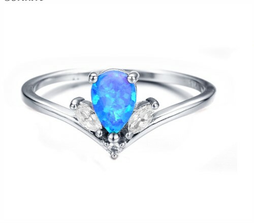 925 Silver Filled Blue Fire Opal Crystal Zircon Water Drop Ring - Picture 3 of 3