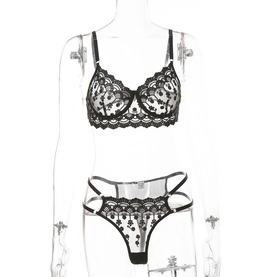 Sexy Lingerie Set Bügel BH+String Tanga erotisch Spitze durchsichtig Dessous - Bild 2 von 4