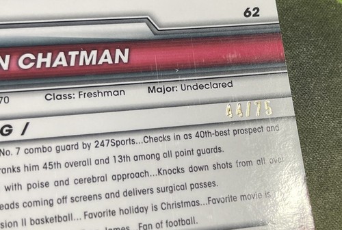 Taison Chatman - 2023-24 Bowman University Chrome Sapphire Yellow /75 - Buckeyes - Picture 3 of 3