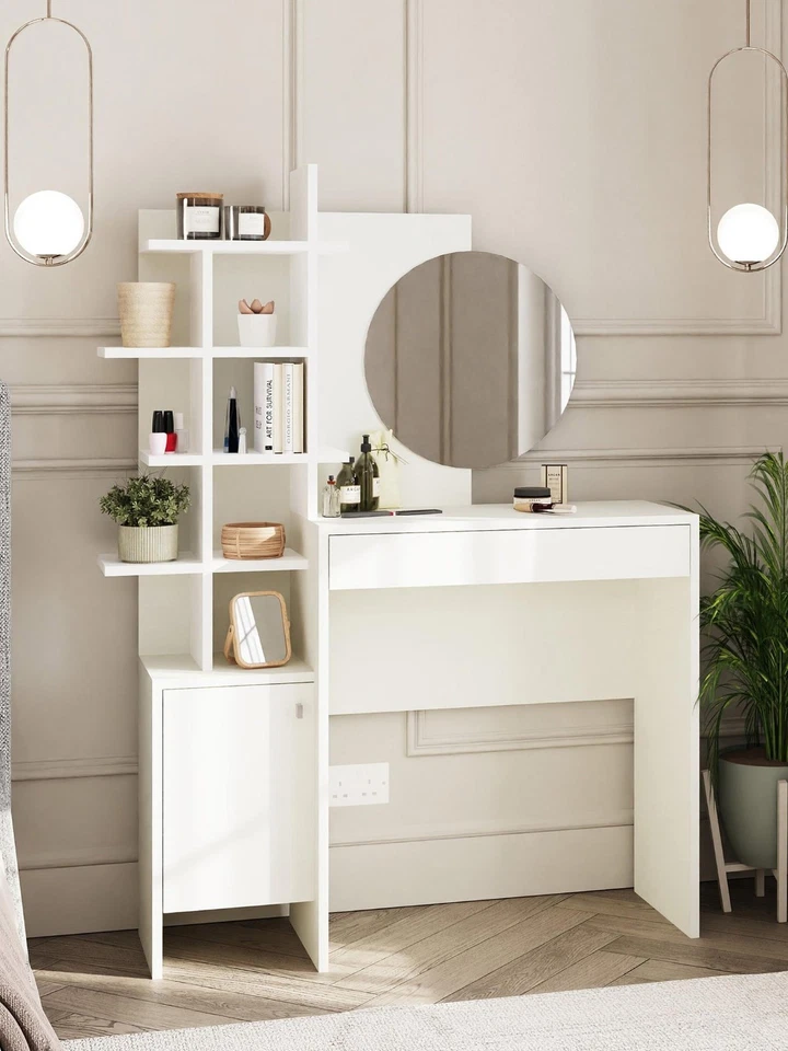 GFW Freyja Dressing Table White | Round Mirror & Storage | 113cm Width