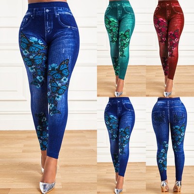 Damen Stretch Hose Jeans-Look Slim Push up Leggings Leggins High Waist Jeggings