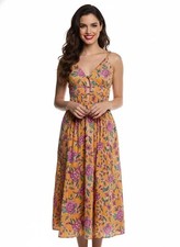 Caroline Constas women Orange Purple Floral Cotton Sleeveless Midi Dress size XS