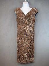 Lauren Ralph Lauren Dress Womens 10 Brown Leopard Ruched Sheath V Neck Jersey