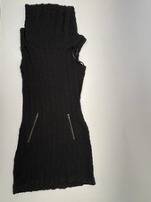 Cable Knit Sleeveless Sweater Dress Black Mock Neck Zip Pockets Size S/M