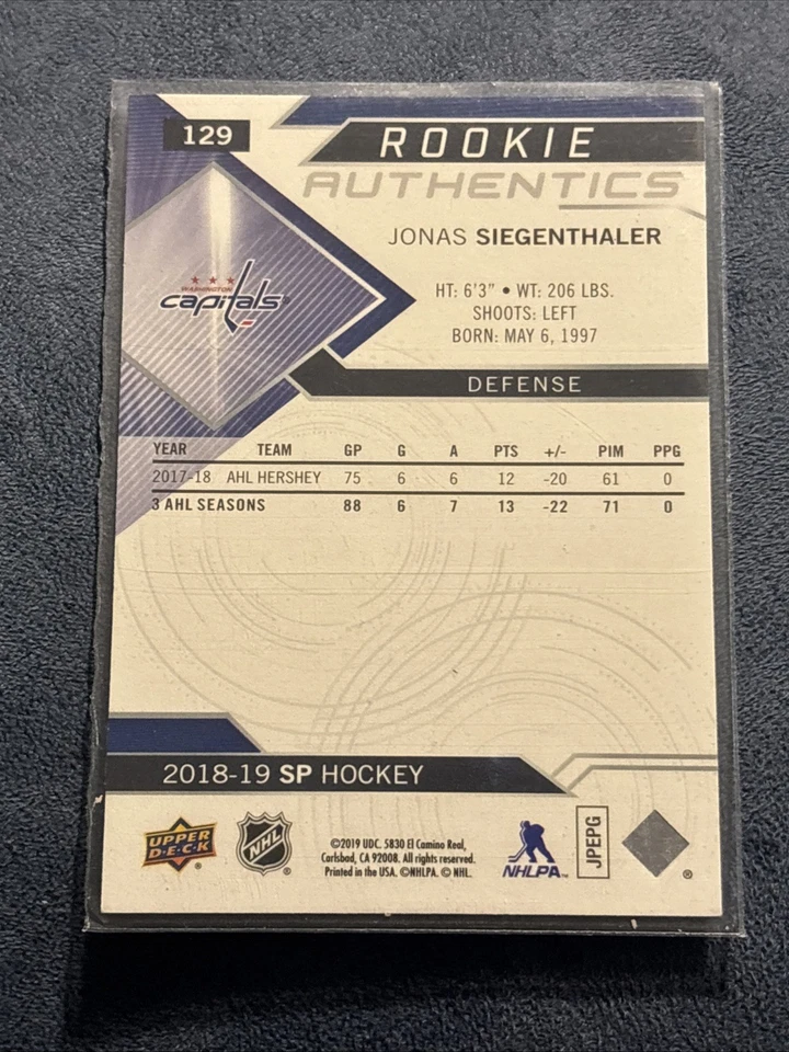 2018-19 SP Rookie Authentics Jonas Siegenthaler #129 Blue IP Signed Autographed - Image 3 of 4