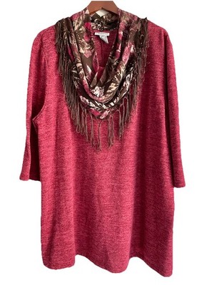 Catherines Top Womens 3X Red Fringe Floral Impossible Soft Tunic & Scarf Duet