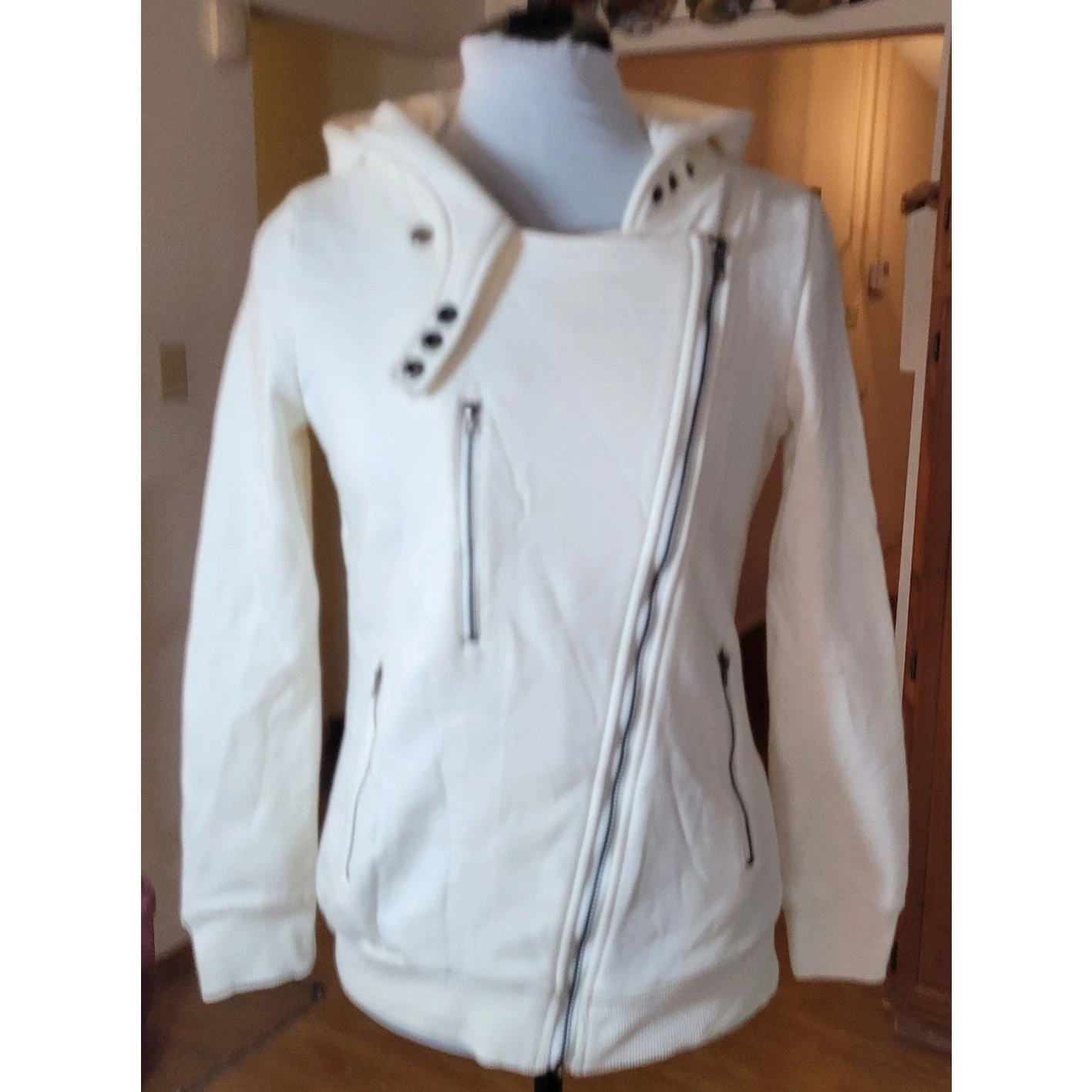 OFF WHITE Felpa donna moto con cappuccio piccola nuova con etichetta zip tasche panna minimalista spigolosa
