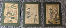 3er Set Vintage Bilder - Japanische Holzschnitt Motive Utamaro Seidenraupenzucht