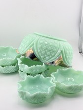 EAPG Antique Tarentum Cane Insert Uranium Glass Berry Bowl Set c. 1899