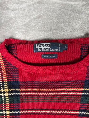 Polo By Ralph Lauren 100% Cotton Sweater Red Green Yellow Blue Plaid Size Large - Bild 3 von 6