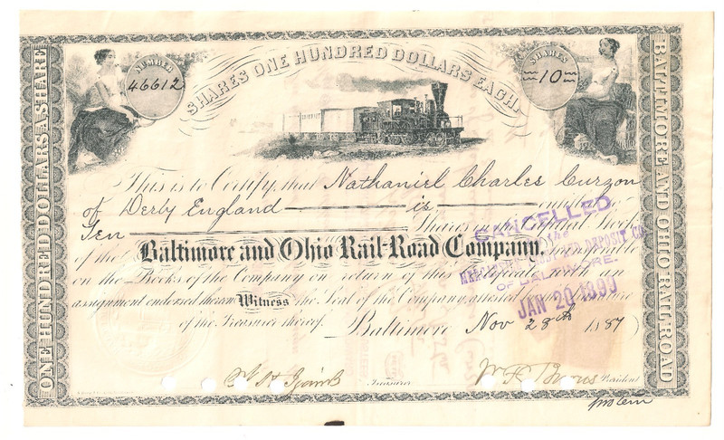 #A1194a English Aristocrat-owned Curzon 1887 Baltimore & Ohio RR CatVal. $26-$32
