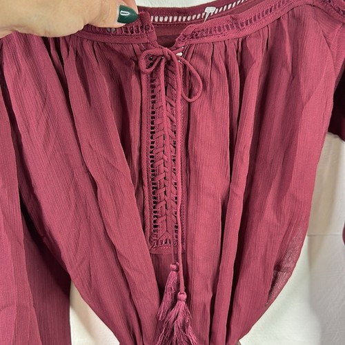 DOUBLE ZERO Wine Open Shoulder Wide Sleeve Polyester Tassle Dress Size Small - Picture 8 of 11