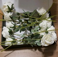 14 Long Stem Decorative Bendable White Realistic Silk Roses for DIY, Weddings
