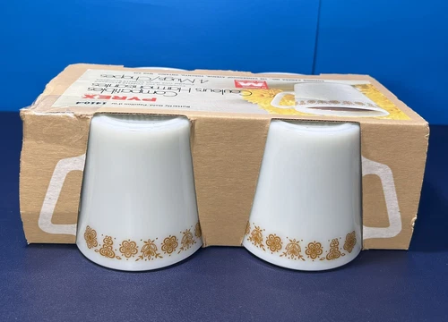 Pyrex Corning Coffee  Mugs Butterfly Gold D Handle 8 oz.  #1410 NIB NOS