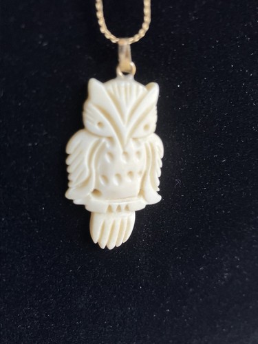 Owl Bird Vintage Style Bone Pendant With Chain Necklace Hand Carved - Picture 1 of 5