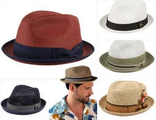 Men's Summer Linen / Cotton Derby Fedora Brim Hat w Fabric Stripe Band
