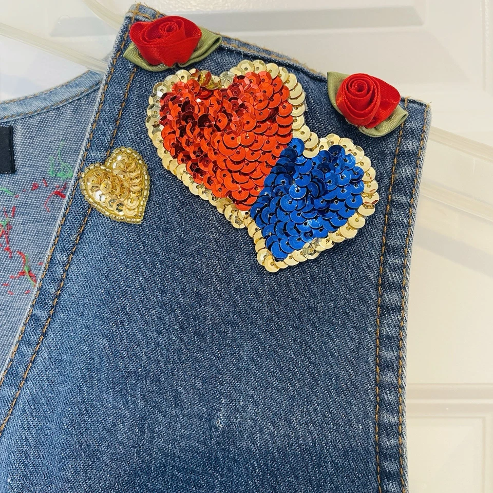 Chaleco Recortado Karen Kane Denim Parcheado Vintage Adornado a Mano Grande EE. UU. Foto 2 de 4