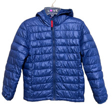 Primary Kids Puffer Jacket Youth 8-9 Blue Hooded Light Weight Quilted Puffer