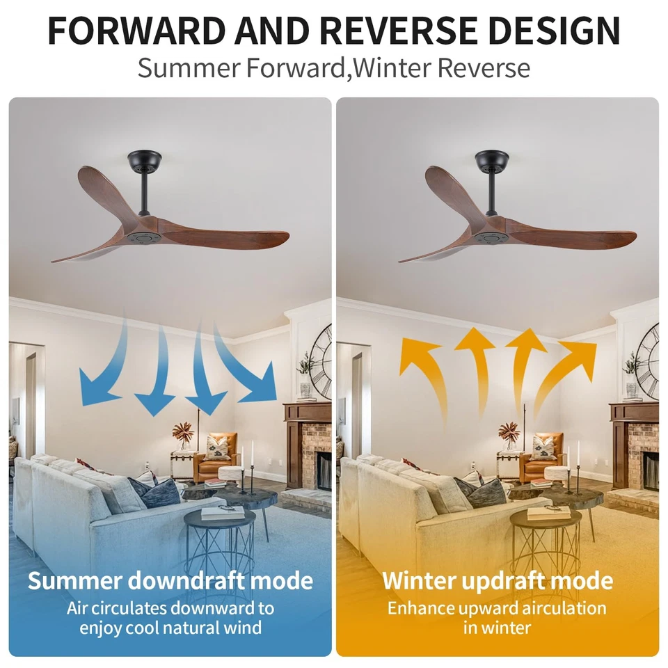 52 Inch Ceiling Fans Without Lights Solid Wood Ceiling Fan with Remote Contro... - Image 3 of 4
