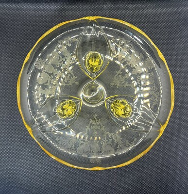 Lancaster  Jubilee  3 Footed Amber Depression Glass Phoenix Etched Dish Vintage