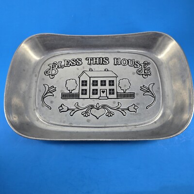 WILTON Pewter Bless This House Serving Bread Hot Buns Thanksgiving TRAY 7'' x 11''