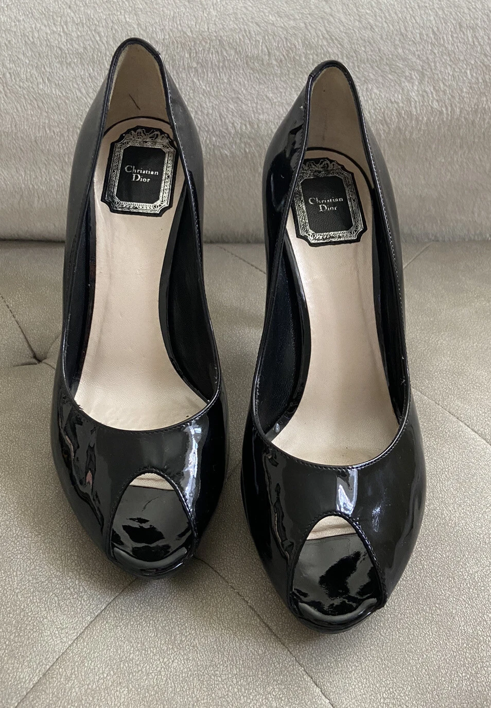 Escarpins Dior cuir verni noir bout ouvert talons 38 EU / 7,5 US