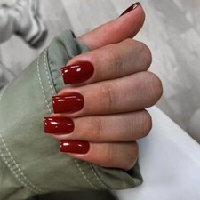 Press on Nails Short Medium Square Glue on Nails Set, Summer Square Wine Red